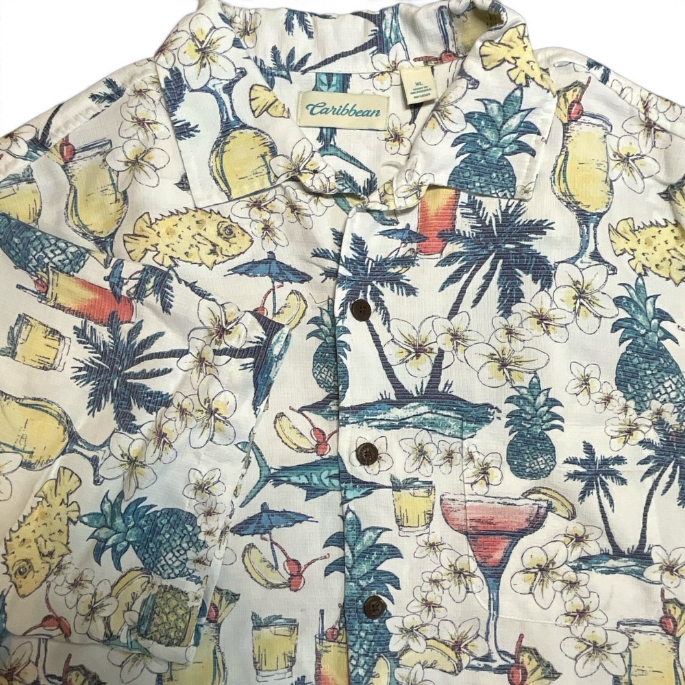 Caribbean Mens XL Tropical Cocktail Pineapple Print Modal Blend Camp Shirt‎